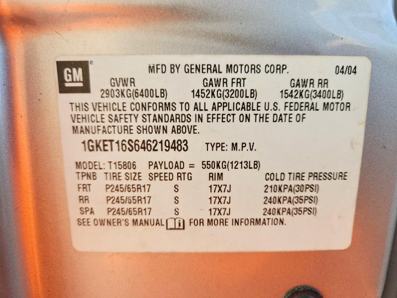 2004 Gmc Envoy მანქანა იყიდება აუქციონზე, vin: 1GKET16S646219483, აუქციონის ნომერი: 59236696