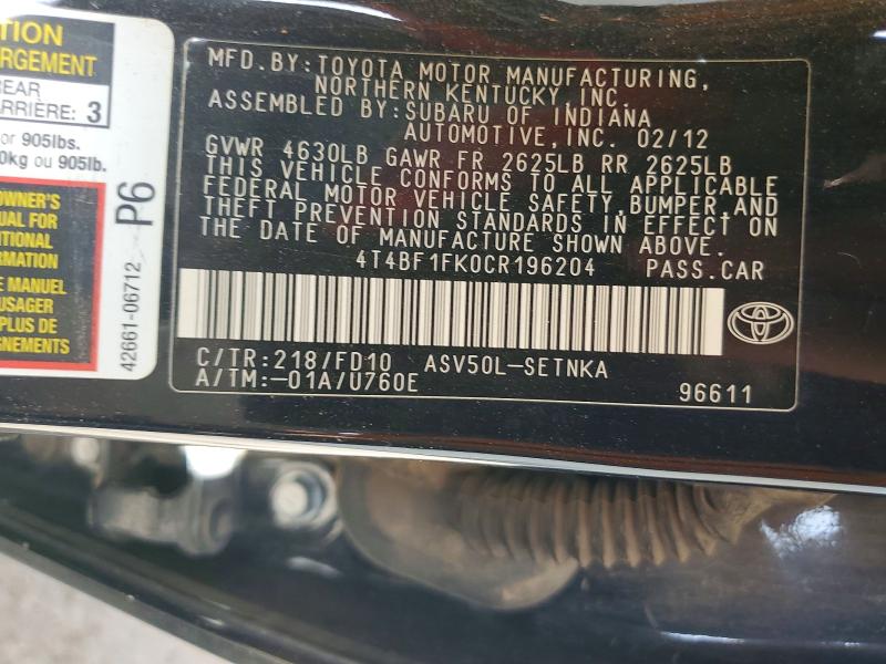 Продажа на аукционе авто 2012 Toyota Camry, vin: 4T4BF1FK0CR196204, номер лота: 62344806