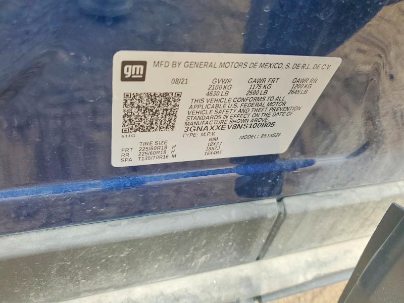 62576736 :رقم المزاد ، 3GNAXXEV8NS100805 vin ، 2022 Chevrolet Equinox مزاد بيع