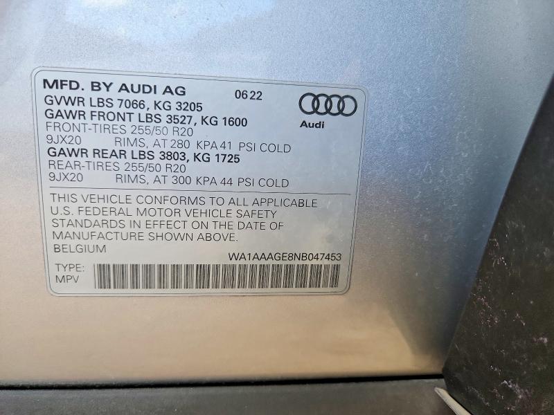 62035866 :رقم المزاد ، WA1AAAGE8NB047453 vin ، 2022 Audi E-tron مزاد بيع