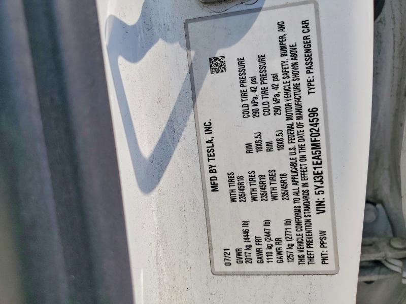 Auction sale of the 2021 Tesla Model 3, vin: 5YJ3E1EA5MF024596, lot number: 63036666