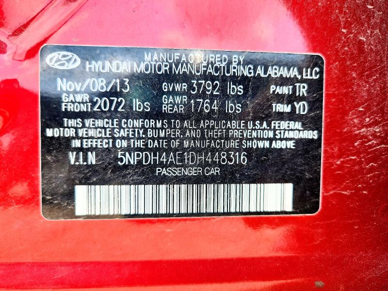 61795816 :رقم المزاد ، 5NPDH4AE1DH448316 vin ، 2013 Hyundai Elantra مزاد بيع