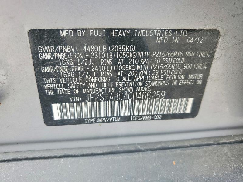 Aukcja sprzedaży 2012 Subaru Forester, vin: JF2SHABC4CH466259, numer aukcji: 59950816