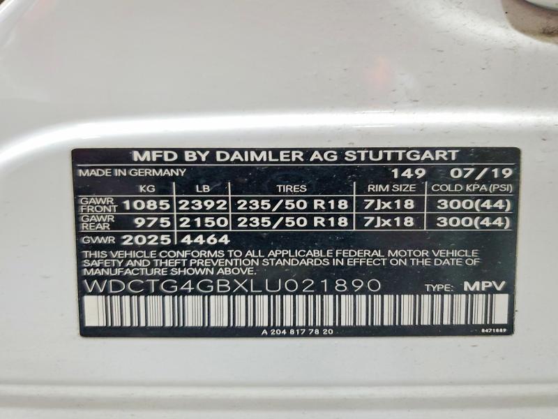 Aukcja sprzedaży 2020 Mercedes-benz Gla, vin: WDCTG4GBXLU021890, numer aukcji: 60575396