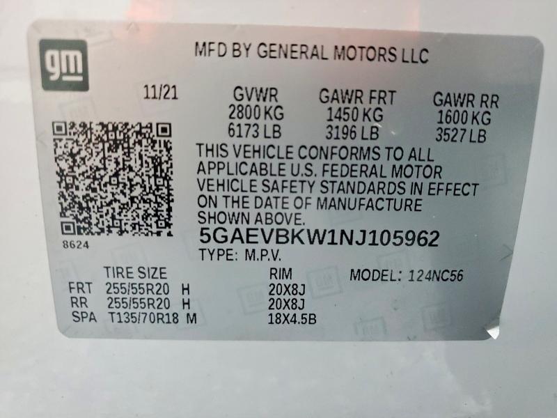 Продаж на аукціоні авто 2022 Buick Enclave, vin: 5GAEVBKW1NJ105962, номер лоту: 62005896