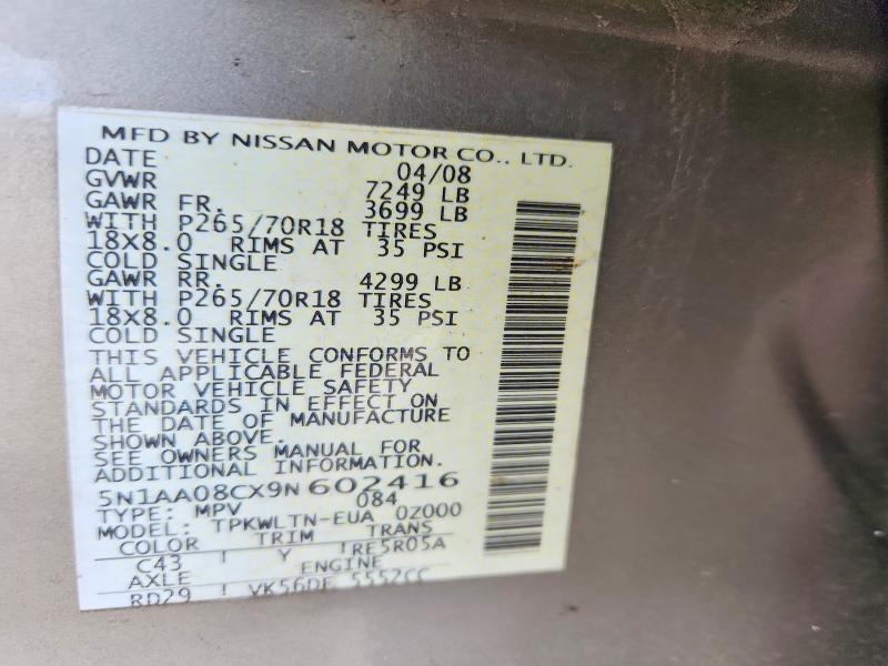 Aukcja sprzedaży 2009 Nissan Armada, vin: 5N1AA08CX9N602416, numer aukcji: 62847136