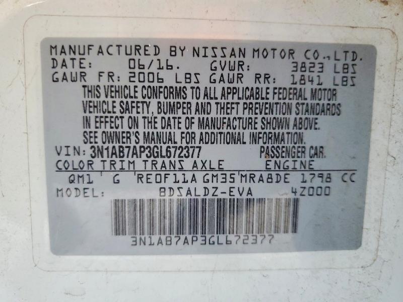 Продажа на аукционе авто 2016 Nissan Sentra, vin: 3N1AB7AP3GL672377, номер лота: 59964036