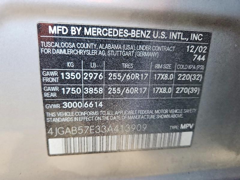 2003 Mercedes-benz Ml მანქანა იყიდება აუქციონზე, vin: 4JGAB57E33A413909, აუქციონის ნომერი: 61871616