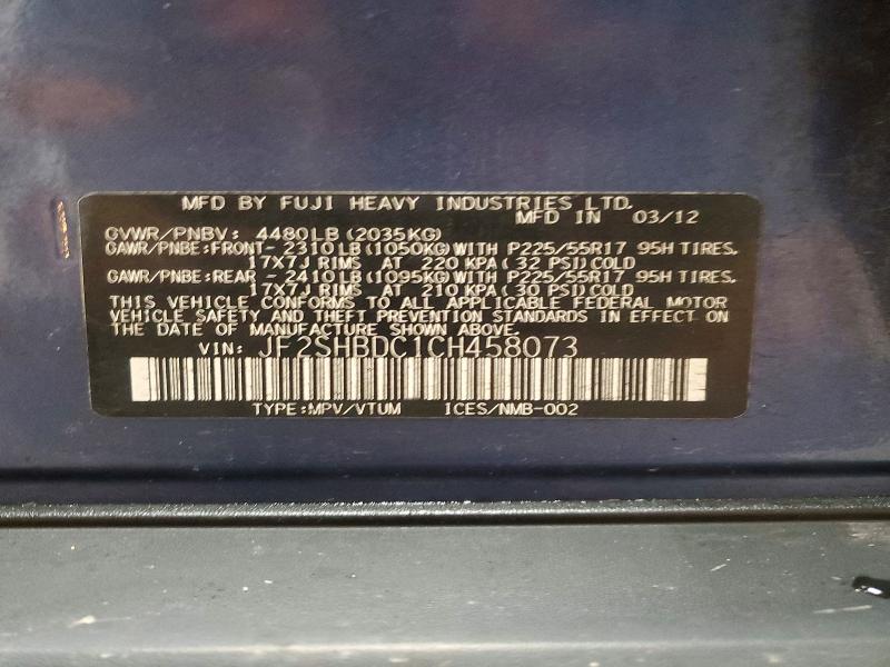 Aukcja sprzedaży 2012 Subaru Forester, vin: JF2SHBDC1CH458073, numer aukcji: 60434796