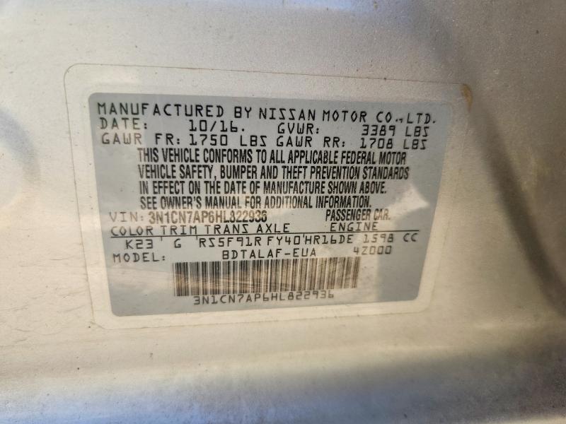 62904676 :رقم المزاد ، 3N1CN7AP6HL822936 vin ، 2017 Nissan Versa مزاد بيع