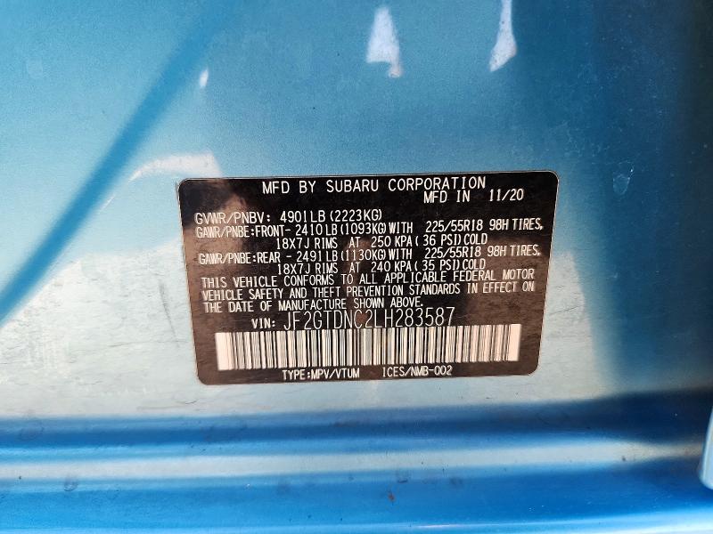 60201096 :رقم المزاد ، JF2GTDNC2LH283587 vin ، 2020 Subaru Crosstrek مزاد بيع