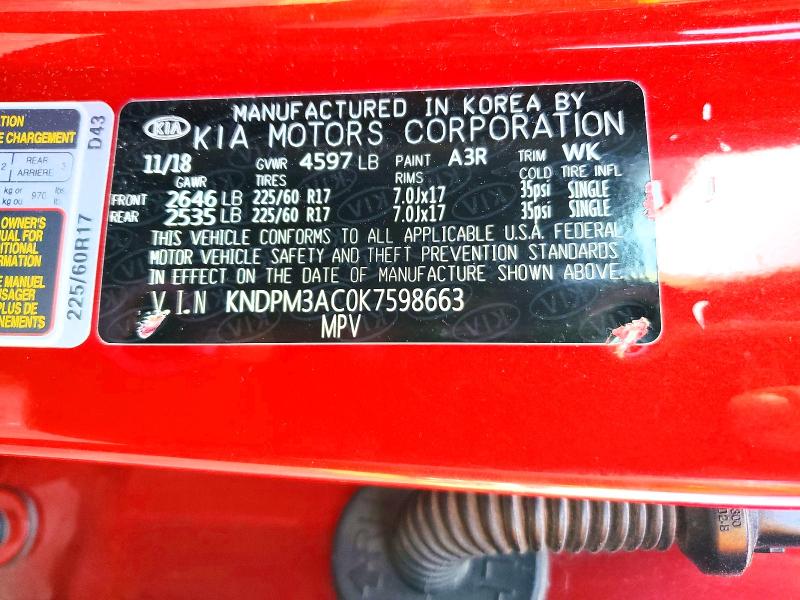 2019 Kia Sportage მანქანა იყიდება აუქციონზე, vin: KNDPM3AC0K7598663, აუქციონის ნომერი: 59394146