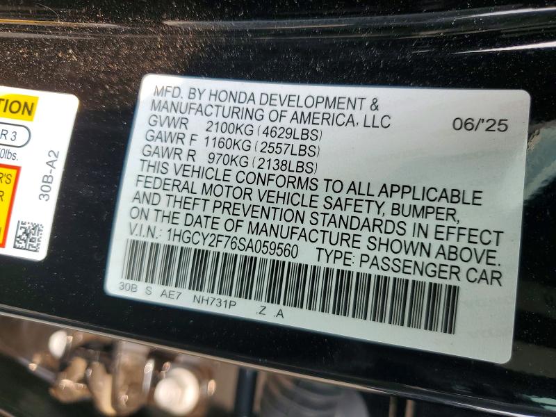 61052776 :رقم المزاد ، 1HGCY2F76SA059560 vin ، 2025 Honda Accord مزاد بيع