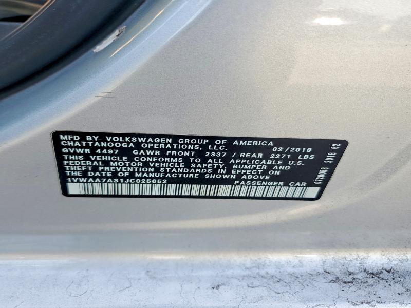 Продажа на аукционе авто 2018 Volkswagen Passat, vin: 1VWAA7A31JC025652, номер лота: 60224656