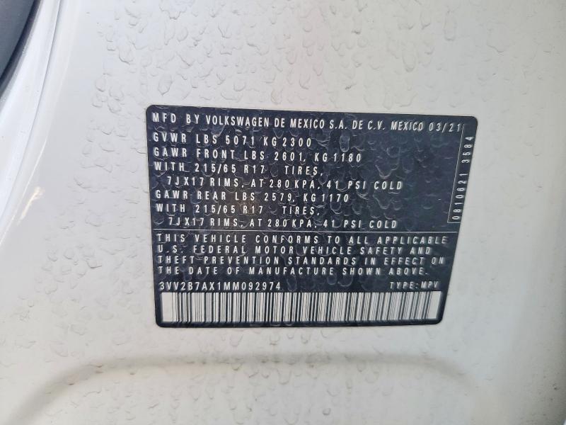 2021 Volkswagen Tiguan მანქანა იყიდება აუქციონზე, vin: 3VV2B7AX1MM092974, აუქციონის ნომერი: 61874336
