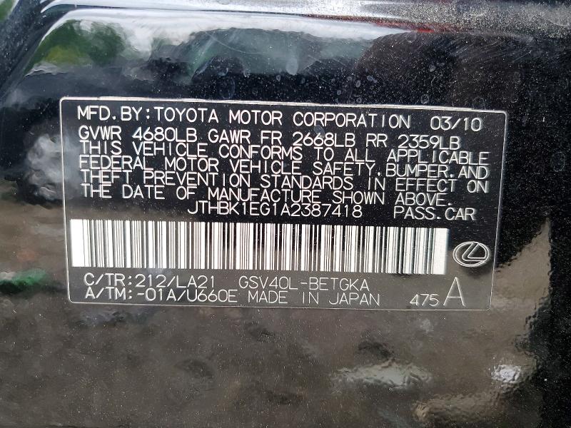 Aukcja sprzedaży 2010 Lexus Es, vin: JTHBK1EG1A2387418, numer aukcji: 61625046