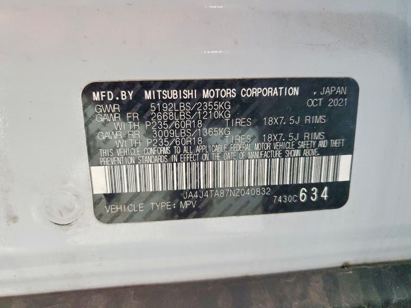 60250806 :رقم المزاد ، JA4J4TA87NZ040832 vin ، 2022 Mitsubishi Outlander مزاد بيع