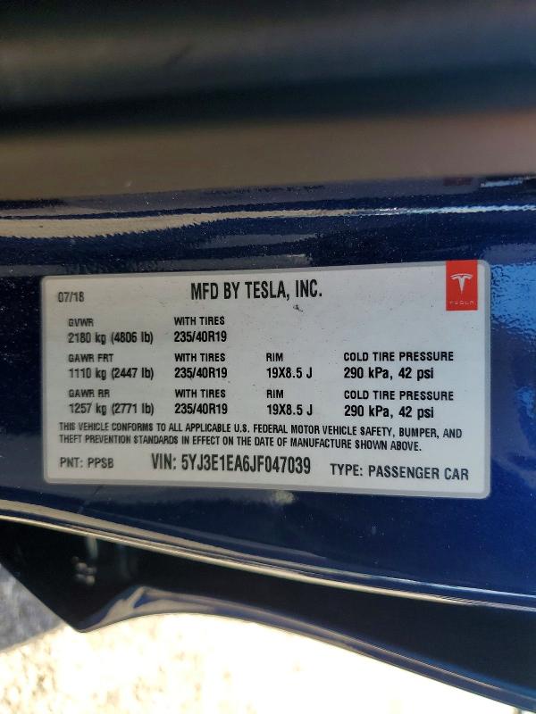 Aukcja sprzedaży 2018 Tesla Model 3, vin: 5YJ3E1EA6JF047039, numer aukcji: 59318016