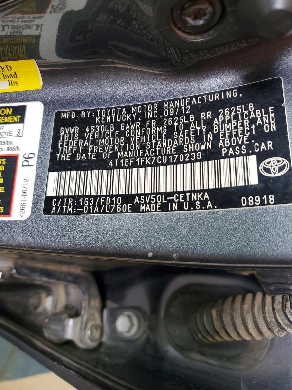63253676 :رقم المزاد ، 4T1BF1FK7CU170239 vin ، 2012 Toyota Camry مزاد بيع