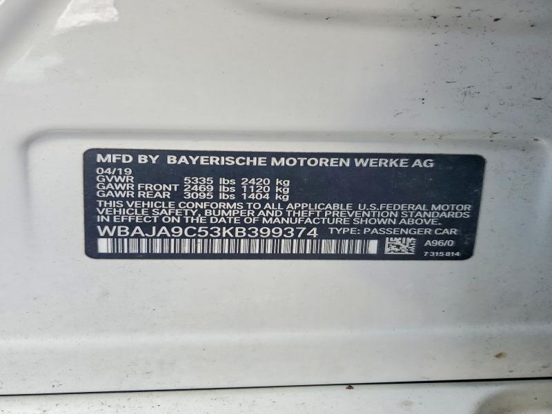 2019 Bmw 530e მანქანა იყიდება აუქციონზე, vin: WBAJA9C53KB399374, აუქციონის ნომერი: 58996866