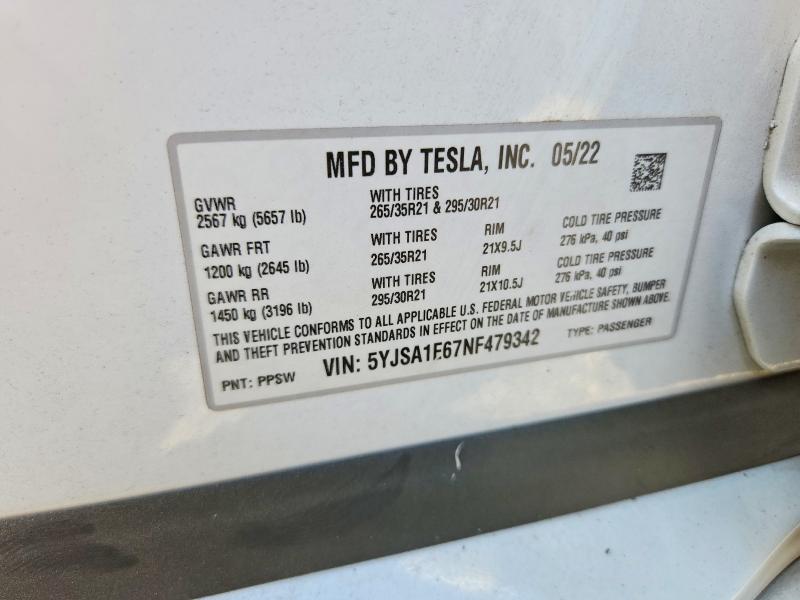 Продажа на аукционе авто 2022 Tesla Model S, vin: 5YJSA1E67NF479342, номер лота: 60719106