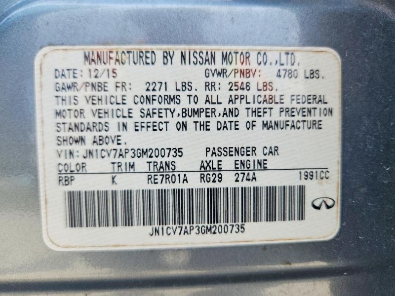 2016 Infiniti Q50 მანქანა იყიდება აუქციონზე, vin: JN1CV7AP3GM200735, აუქციონის ნომერი: 59150176