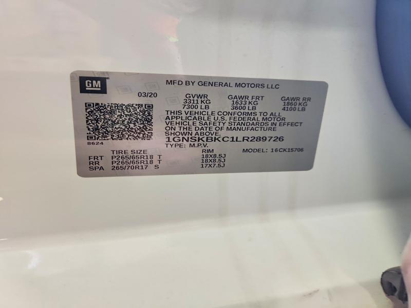 Продаж на аукціоні авто 2020 Chevrolet Tahoe, vin: 1GNSKBKC1LR289726, номер лоту: 60802406