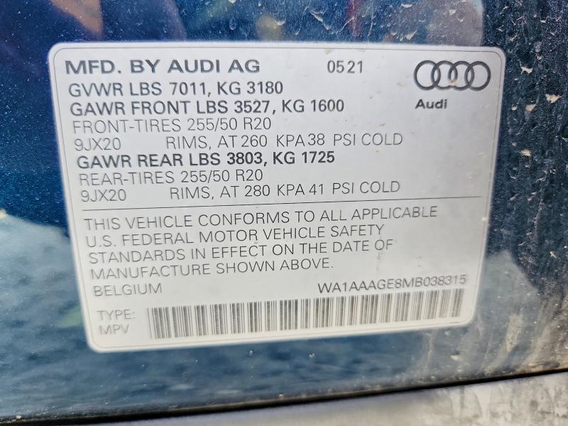 62314606 :رقم المزاد ، WA1AAAGE8MB038315 vin ، 2021 Audi E-tron مزاد بيع