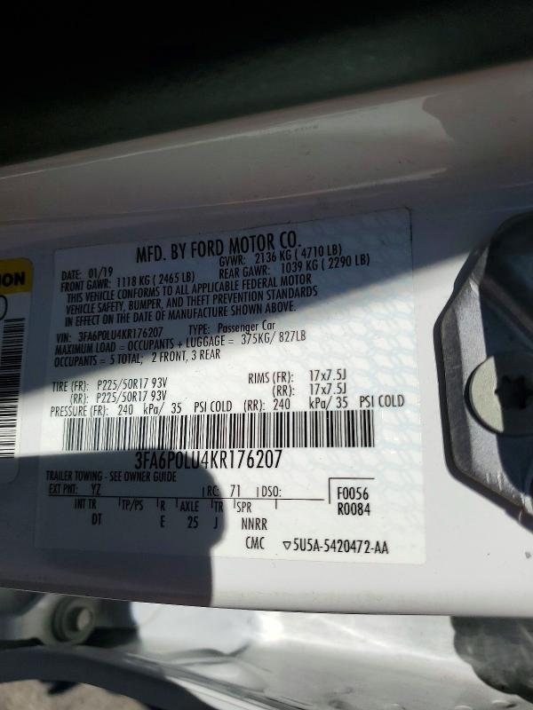 2019 Ford Fusion მანქანა იყიდება აუქციონზე, vin: 3FA6P0LU4KR176207, აუქციონის ნომერი: 59917336