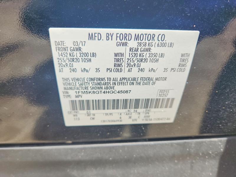 61397856 :رقم المزاد ، 1FM5K8GT4HGC45087 vin ، 2017 Ford Explorer مزاد بيع