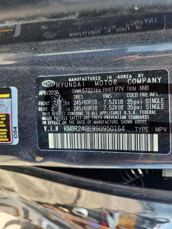 62316166 :رقم المزاد ، KM8R24GE9SU950164 vin ، 2025 Hyundai Palisade مزاد بيع