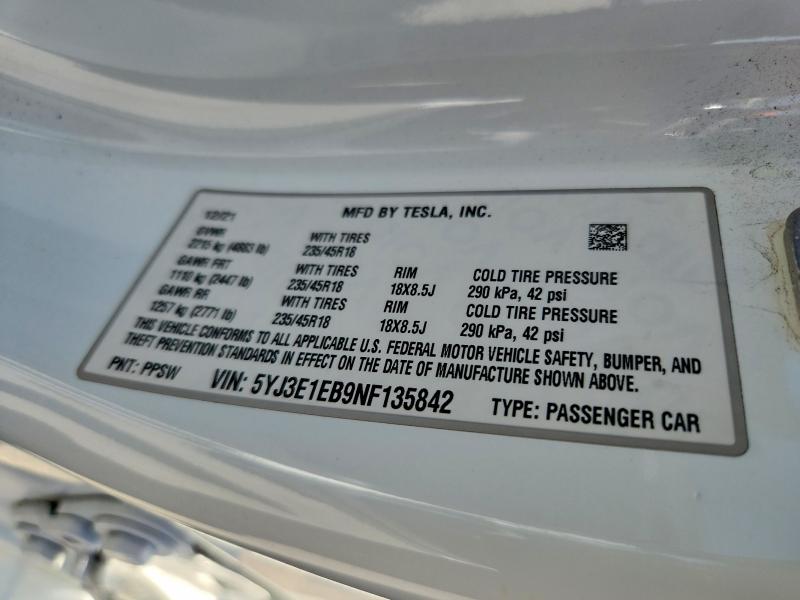Aukcja sprzedaży 2022 Tesla Model 3, vin: 5YJ3E1EB9NF135842, numer aukcji: 59826876