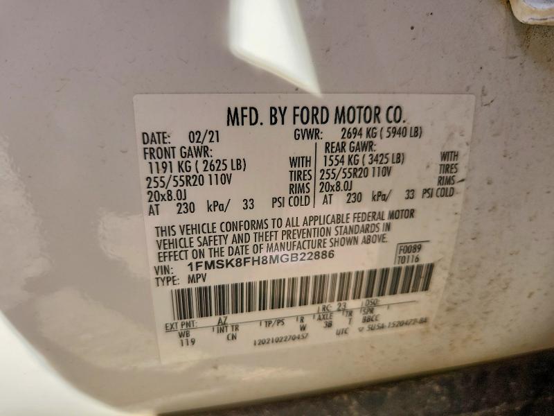 Aukcja sprzedaży 2021 Ford Explorer, vin: 1FMSK8FH8MGB22886, numer aukcji: 61736166