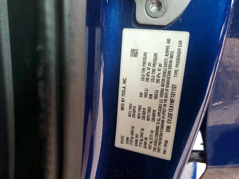 60703796 :رقم المزاد ، 5YJ3E1EA1NF191197 vin ، 2022 Tesla Model 3 مزاد بيع