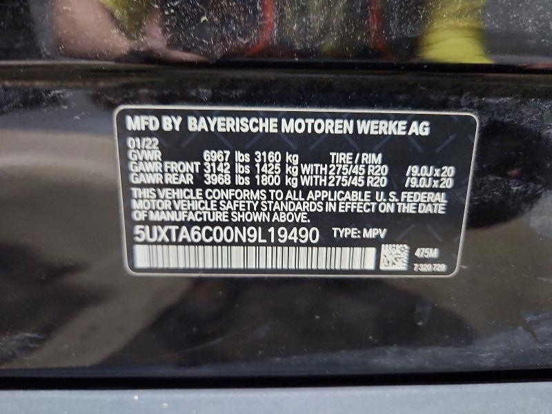 2022 Bmw X5 მანქანა იყიდება აუქციონზე, vin: 5UXTA6C00N9L19490, აუქციონის ნომერი: 59291696