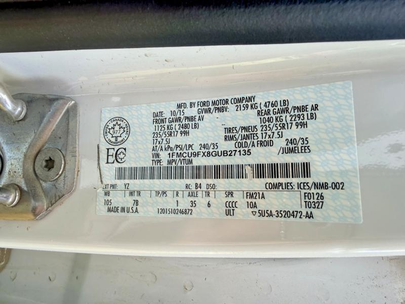 55584056 :رقم المزاد ، 1FMCU9FX8GUB27135 vin ، 2016 Ford Escape مزاد بيع