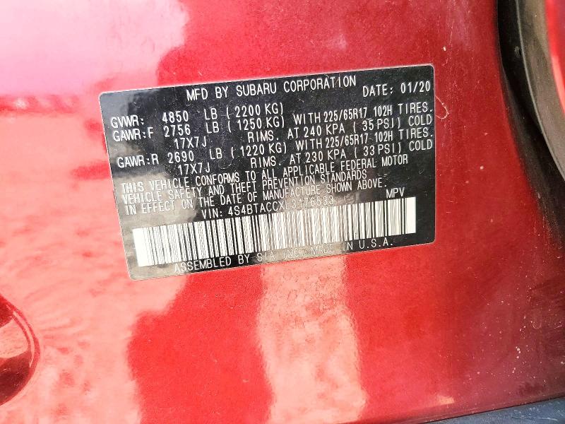 59658576 :رقم المزاد ، 4S4BTACCXL3176533 vin ، 2020 Subaru Outback مزاد بيع