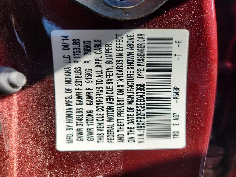 61900016 :رقم المزاد ، 19XFB2F52EE040968 vin ، 2014 Honda Civic مزاد بيع