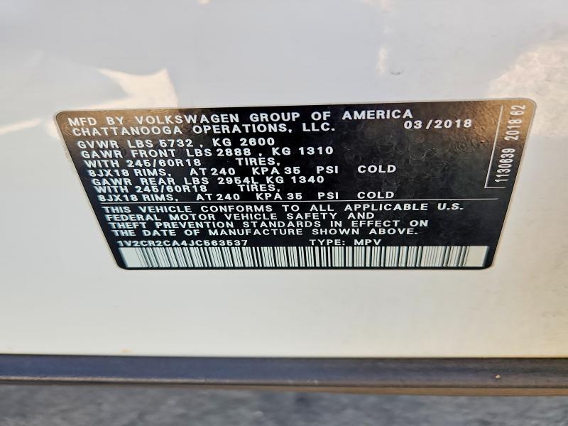 59387426 :رقم المزاد ، 1V2CR2CA4JC563537 vin ، 2018 Volkswagen Atlas مزاد بيع