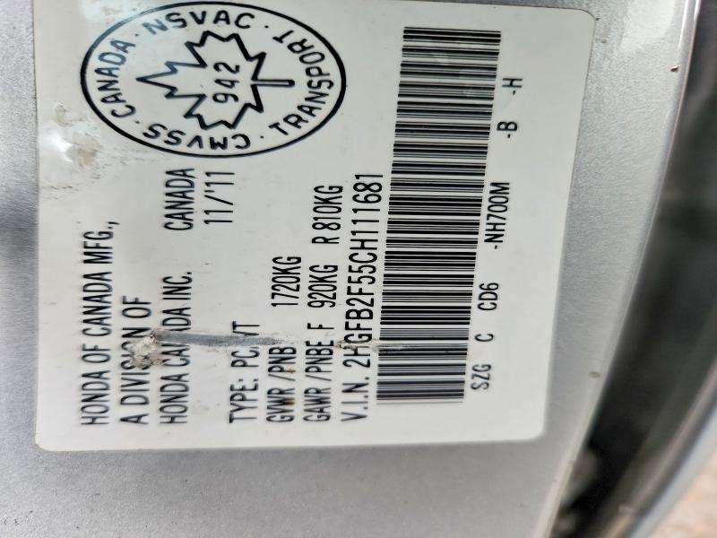 61088936 :رقم المزاد ، 2HGFB2F55CH111681 vin ، 2012 Honda Civic مزاد بيع