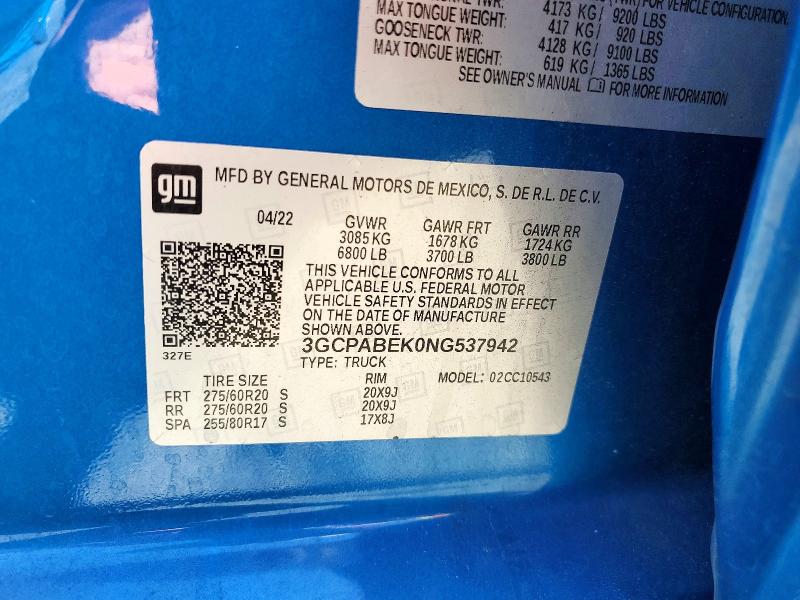 60256406 :رقم المزاد ، 3GCPABEK0NG537942 vin ، 2022 Chevrolet Silverado مزاد بيع