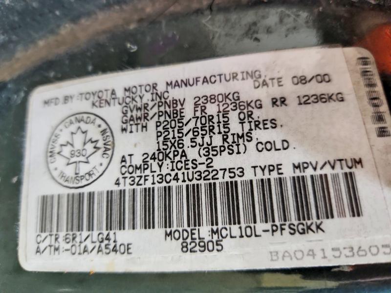 Aukcja sprzedaży 2001 Toyota Sienna, vin: 4T3ZF13C41U322753, numer aukcji: 63224386