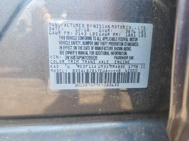 59238556 :رقم المزاد ، 3N1AB7AP9KY285635 vin ، 2019 Nissan Sentra مزاد بيع