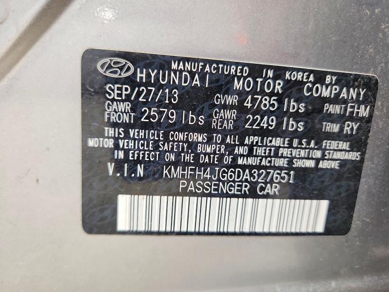 2013 Hyundai Azera მანქანა იყიდება აუქციონზე, vin: KMHFH4JG6DA327651, აუქციონის ნომერი: 60997236