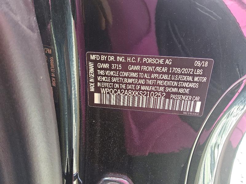 Продаж на аукціоні авто 2019 Porsche Boxster, vin: WP0CA2A8XKS210252, номер лоту: 60696176