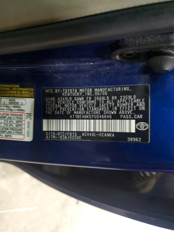 2007 Toyota Camry მანქანა იყიდება აუქციონზე, vin: 4T1BE46K07U046646, აუქციონის ნომერი: 61515756