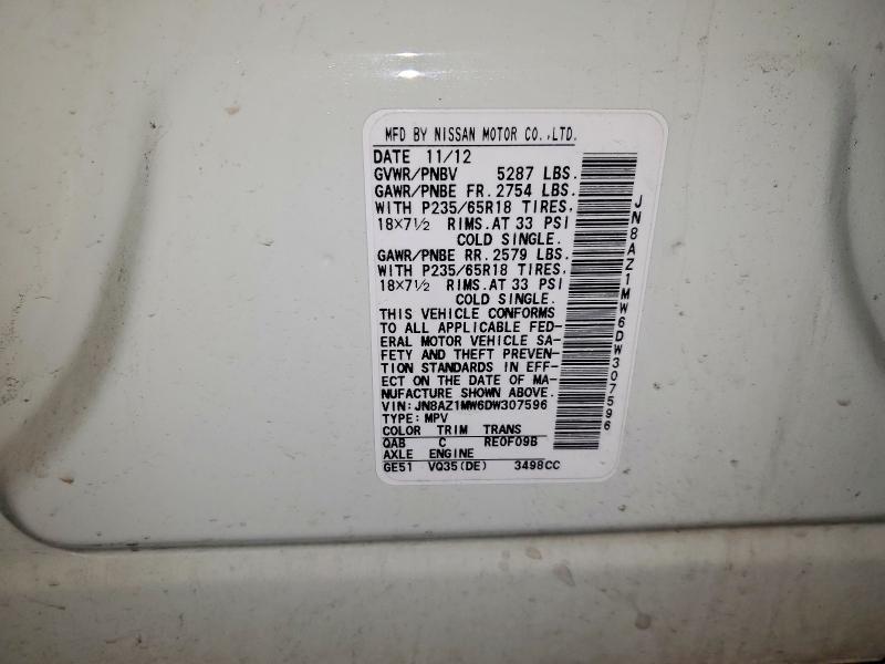 62639946 :رقم المزاد ، JN8AZ1MW6DW307596 vin ، 2013 Nissan Murano مزاد بيع