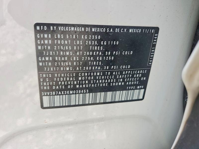 Продажа на аукционе авто 2019 Volkswagen Tiguan, vin: 3VV3B7AX3KM039453, номер лота: 61291076