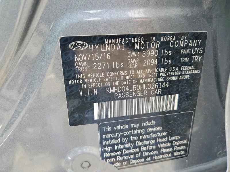 2017 Hyundai Elantra მანქანა იყიდება აუქციონზე, vin: KMHD04LB0HU326144, აუქციონის ნომერი: 62586546