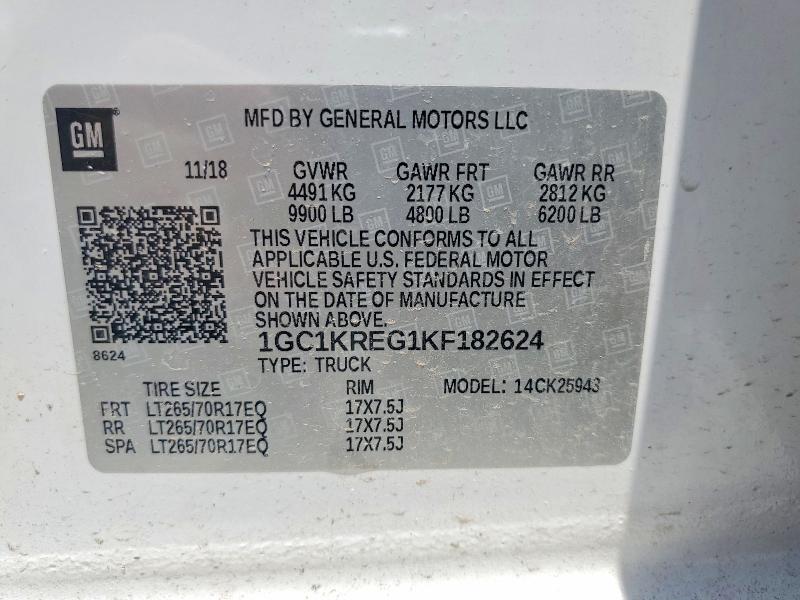 2019 Chevrolet Silverado მანქანა იყიდება აუქციონზე, vin: 1GC1KREG1KF182624, აუქციონის ნომერი: 61505866